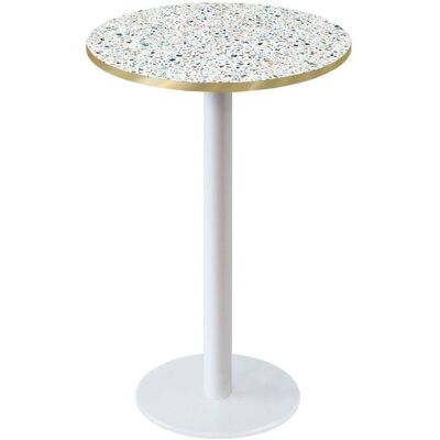 RestooTab Stehtisch Rome weiß rund - Dekore Holz & Steine; 113x60 cm (HxØ); mehrfarbig/terrazzo/messing; rund RestooTab Stehtisch Rome weiß rund - Dekore Holz & Steine; 113x60 cm (HxØ); mehrfarbig/terrazzo/messing; rund