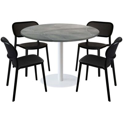 RestooTab Esstisch-Set Rome XL Gestell weiß mit 4 Stühlen - Dekor Stein; 120x120x75x120 cm (LxBxHxØ); grau/blau/marmoriert; Gestell schwarz; rund RestooTab Esstisch-Set Rome XL Gestell weiß mit 4 Stühlen - Dekor Stein; 120x120x75x120 cm (LxBxHxØ); grau/blau/marmoriert; Gestell schwarz; rund