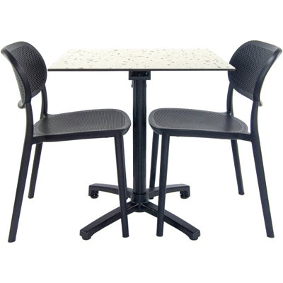 RestooTab Terrassenset Klapptisch Diabolo - 2 Stühle - Modell Anthrazitgrau; 70x70x73 cm (LxBxH); Platte weiß/mehrfarbig/terrazzo, Gestell schwarz; quadratisch RestooTab Terrassenset Klapptisch Diabolo - 2 Stühle - Modell Anthrazitgrau; 70x70x73 cm (LxBxH); Platte weiß/mehrfarbig/terrazzo, Gestell schwarz; quadratisch