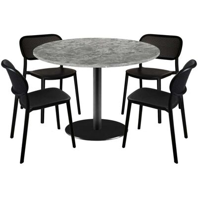 RestooTab Esstisch-Set Rome Ø120cm und 4 Stühle - Modell Blau Prusse mit Holzimitatkanten; 120x120x75x120 cm (LxBxHxØ); steingrau/marmoriert; Gestell schwarz; rund RestooTab Esstisch-Set Rome Ø120cm und 4 Stühle - Modell Blau Prusse mit Holzimitatkanten; 120x120x75x120 cm (LxBxHxØ); steingrau/marmoriert; Gestell schwarz; rund