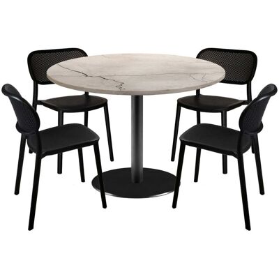 RestooTab Esstisch-Set Rome Ø120cm und 4 Stühle - Modell Blau Prusse mit Holzimitatkanten; 120x120x75x120 cm (LxBxHxØ); wollweiß/marmoriert; Gestell schwarz; rund RestooTab Esstisch-Set Rome Ø120cm und 4 Stühle - Modell Blau Prusse mit Holzimitatkanten; 120x120x75x120 cm (LxBxHxØ); wollweiß/marmoriert; Gestell schwarz; rund