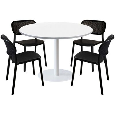 RestooTab Esstisch-Set Rome weiß Ø120cm und 4 Stühle - Modell blauer Mond; 120x120x75x120 cm (LxBxHxØ); weiß/edelstahl; Gestell schwarz; rund RestooTab Esstisch-Set Rome weiß Ø120cm und 4 Stühle - Modell blauer Mond; 120x120x75x120 cm (LxBxHxØ); weiß/edelstahl; Gestell schwarz; rund