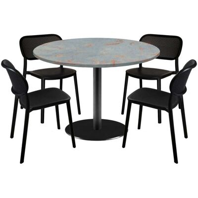 RestooTab Esstisch-Set Rome Ø120cm und 4 Stühle - Modell Blau Prusse mit Holzimitatkanten; 120x120x75x120 cm (LxBxHxØ); metall verrostet/grau; Gestell schwarz; rund RestooTab Esstisch-Set Rome Ø120cm und 4 Stühle - Modell Blau Prusse mit Holzimitatkanten; 120x120x75x120 cm (LxBxHxØ); metall verrostet/grau; Gestell schwarz; rund