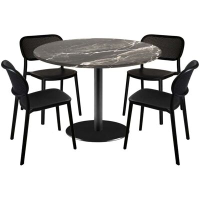 RestooTab Esstisch-Set Rome Ø120cm und 4 Stühle - Modell Blau Prusse mit Holzimitatkanten; 120x120x75x120 cm (LxBxHxØ); schwarz/braun/marmoriert; Gestell schwarz; rund RestooTab Esstisch-Set Rome Ø120cm und 4 Stühle - Modell Blau Prusse mit Holzimitatkanten; 120x120x75x120 cm (LxBxHxØ); schwarz/braun/marmoriert; Gestell schwarz; rund