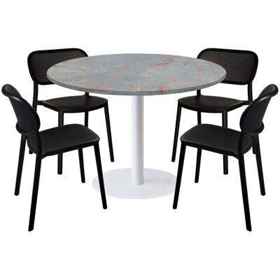 RestooTab Esstisch-Set Rome XL Gestell weiß mit 4 Stühlen - Dekor Stein; 120x120x75x120 cm (LxBxHxØ); metall verrostet/grau; Gestell schwarz; rund RestooTab Esstisch-Set Rome XL Gestell weiß mit 4 Stühlen - Dekor Stein; 120x120x75x120 cm (LxBxHxØ); metall verrostet/grau; Gestell schwarz; rund