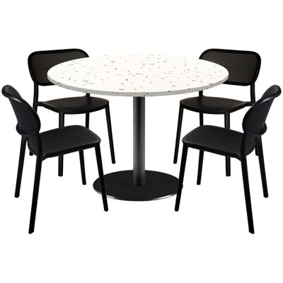 RestooTab Esstisch-Set Rome Ø120cm und 4 Stühle - Modell Blau Prusse mit Holzimitatkanten; 120x120x75x120 cm (LxBxHxØ); weiß/mehrfarbig/terrazzo; Gestell schwarz; rund RestooTab Esstisch-Set Rome Ø120cm und 4 Stühle - Modell Blau Prusse mit Holzimitatkanten; 120x120x75x120 cm (LxBxHxØ); weiß/mehrfarbig/terrazzo; Gestell schwarz; rund