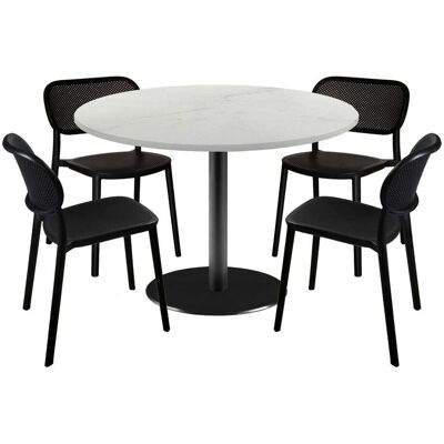 RestooTab Esstisch-Set Rome Ø120cm und 4 Stühle - Modell Blau Prusse mit Holzimitatkanten; 120x120x75x120 cm (LxBxHxØ); weiß/beige/marmoriert; Gestell schwarz; rund RestooTab Esstisch-Set Rome Ø120cm und 4 Stühle - Modell Blau Prusse mit Holzimitatkanten; 120x120x75x120 cm (LxBxHxØ); weiß/beige/marmoriert; Gestell schwarz; rund
