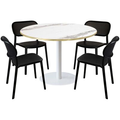 RestooTab Esstisch-Set Rome XL Gestell weiß mit 4 Stühlen - Dekor Stein; 120x120x75x120 cm (LxBxHxØ); weiß/grau/messing; Gestell schwarz; rund RestooTab Esstisch-Set Rome XL Gestell weiß mit 4 Stühlen - Dekor Stein; 120x120x75x120 cm (LxBxHxØ); weiß/grau/messing; Gestell schwarz; rund
