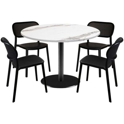 RestooTab Esstisch-Set Rome Ø120cm und 4 Stühle - Modell Blau Prusse mit Holzimitatkanten; 120x120x75x120 cm (LxBxHxØ); weiß/grau/marmoriert; Gestell schwarz; rund RestooTab Esstisch-Set Rome Ø120cm und 4 Stühle - Modell Blau Prusse mit Holzimitatkanten; 120x120x75x120 cm (LxBxHxØ); weiß/grau/marmoriert; Gestell schwarz; rund