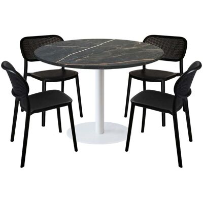 RestooTab Esstisch-Set Rome XL Gestell weiß mit 4 Stühlen - Dekor Stein; 120x120x75x120 cm (LxBxHxØ); schwarz/gold/marmoriert; Gestell schwarz; rund RestooTab Esstisch-Set Rome XL Gestell weiß mit 4 Stühlen - Dekor Stein; 120x120x75x120 cm (LxBxHxØ); schwarz/gold/marmoriert; Gestell schwarz; rund