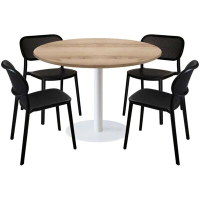 RestooTab Esstisch-Set Rome weiß Ø120cm und 4 Stühle - Modell blauer Mond; 120x120x75x120 cm (LxBxHxØ); eiche/natur; Gestell schwarz; rund RestooTab Esstisch-Set Rome weiß Ø120cm und 4 Stühle - Modell blauer Mond; 120x120x75x120 cm (LxBxHxØ); eiche/natur; Gestell schwarz; rund