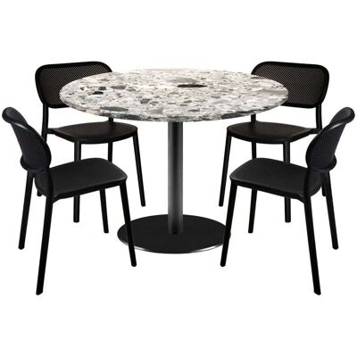 RestooTab Esstisch-Set Rome Ø120cm und 4 Stühle - Modell Blau Prusse mit Holzimitatkanten; 120x120x75x120 cm (LxBxHxØ); grau/terrazzo; Gestell schwarz; rund RestooTab Esstisch-Set Rome Ø120cm und 4 Stühle - Modell Blau Prusse mit Holzimitatkanten; 120x120x75x120 cm (LxBxHxØ); grau/terrazzo; Gestell schwarz; rund