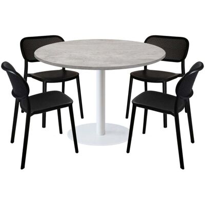 RestooTab Esstisch-Set Rome XL Gestell weiß mit 4 Stühlen - Dekor Stein; 120x120x75x120 cm (LxBxHxØ); grau/beton; Gestell schwarz; rund RestooTab Esstisch-Set Rome XL Gestell weiß mit 4 Stühlen - Dekor Stein; 120x120x75x120 cm (LxBxHxØ); grau/beton; Gestell schwarz; rund