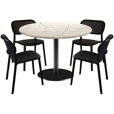 RestooTab Esstisch-Set Rome Ø120cm und 4 Stühle - Modell Blau Prusse mit Holzimitatkanten; 120x120x75x120 cm (LxBxHxØ); wollweiß/grau/marmoriert; Gestell schwarz; rund RestooTab Esstisch-Set Rome Ø120cm und 4 Stühle - Modell Blau Prusse mit Holzimitatkanten; 120x120x75x120 cm (LxBxHxØ); wollweiß/grau/marmoriert; Gestell schwarz; rund