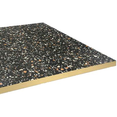 RestooTab Tischplatte rechteckig, Terrazzodekor, Kanten messingfarben; 120x70 cm (LxB); schwarz/terrazzo/messing; rechteckig RestooTab Tischplatte rechteckig, Terrazzodekor, Kanten messingfarben; 120x70 cm (LxB); schwarz/terrazzo/messing; rechteckig