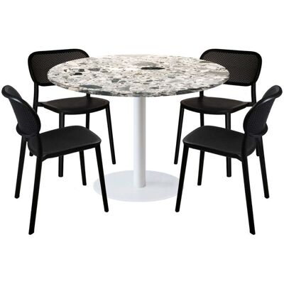 RestooTab Esstisch-Set Rome XL Gestell weiß mit 4 Stühlen - Dekor Stein; 120x120x75x120 cm (LxBxHxØ); grau/terrazzo; Gestell schwarz; rund RestooTab Esstisch-Set Rome XL Gestell weiß mit 4 Stühlen - Dekor Stein; 120x120x75x120 cm (LxBxHxØ); grau/terrazzo; Gestell schwarz; rund