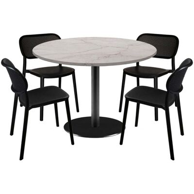 RestooTab Esstisch-Set Rome Ø120cm und 4 Stühle - Modell Blau Prusse mit Holzimitatkanten; 120x120x75x120 cm (LxBxHxØ); wollweiß/beige/marmoriert; Gestell schwarz; rund RestooTab Esstisch-Set Rome Ø120cm und 4 Stühle - Modell Blau Prusse mit Holzimitatkanten; 120x120x75x120 cm (LxBxHxØ); wollweiß/beige/marmoriert; Gestell schwarz; rund