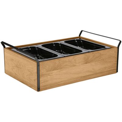 VEGA Buffet Kühltablett Esino hoch, 6,5 cm, Melamin 3x 1/3; GN 1/1, 61.9x38.6x20.9 cm (LxBxH); eiche/schwarz; rechteckig VEGA Buffet Kühltablett Esino hoch, 6,5 cm, Melamin 3x 1/3; GN 1/1, 61.9x38.6x20.9 cm (LxBxH); eiche/schwarz; rechteckig