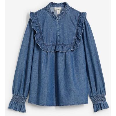 bonprix Jeansbluse mit Rüschen blau 52 bonprix Jeansbluse mit Rüschen blau 52