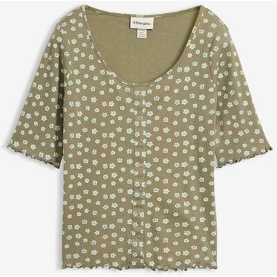 bonprix Ripp-Shirt mit Blumendruck aus reiner Baumwolle grün 40 bonprix Ripp-Shirt mit Blumendruck aus reiner Baumwolle grün 40
