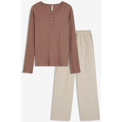 bonprix Loungewear Rippshirt mit gewebter Hose braun 44 bonprix Loungewear Rippshirt mit gewebter Hose braun 44