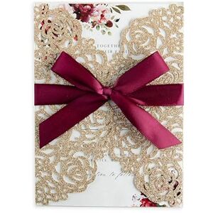 PONATIA 25 Stück hohle Rosen-Einladungskarten mit Umschlägen, bedruckbares Papier mit burgunderroten Bändern für Hochzeit, Brautparty, Verlobung, süße Einladung zum 16. Geburtstag (Gold-Glitzer) PONATIA 25 Stück hohle Rosen-Einladungskarten mit Umschlägen, bedruckbares Papier mit burgunderroten Bändern für Hochzeit, Brautparty, Verlobung, süße Einladung zum 16. Geburtstag (Gold-Glitzer)