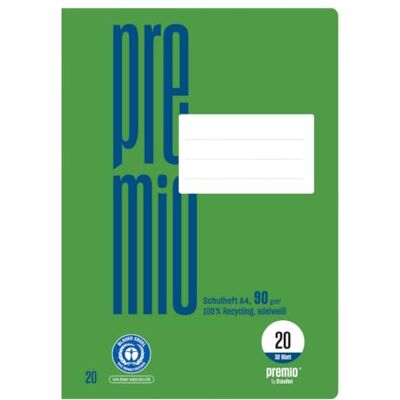 Staufen Premio Schulheft 2 Hefte à 32 Blatt, DIN A4, blanko Lineatur 20, 100% Recyclingpapier, zertifiziert mit dem Blauen Engel, abgerundete Ecken, 90 g/m² Papier Staufen Premio Schulheft 2 Hefte à 32 Blatt, DIN A4, blanko Lineatur 20, 100% Recyclingpapier, zertifiziert mit dem Blauen Engel, abgerundete Ecken, 90 g/m² Papier
