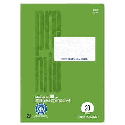 Staufen Premio Schulheft 2 Hefte à 32 Blatt, DIN A4, blanko Lineatur 20, 100% Recyclingpapier, zertifiziert mit dem Blauen Engel, abgerundete Ecken, 90 g/m² Papier Staufen Premio Schulheft 2 Hefte à 32 Blatt, DIN A4, blanko Lineatur 20, 100% Recyclingpapier, zertifiziert mit dem Blauen Engel, abgerundete Ecken, 90 g/m² Papier