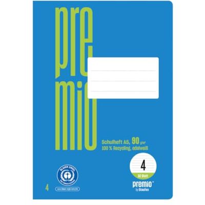 Staufen Premio Schulheft 5 Hefte à 32 Blatt, DIN A5, liniert 10 mm Lineatur 4, 100% Recyclingpapier, zertifiziert mit dem Blauen Engel, abgerundete Ecken, 90 g/m² Papier Staufen Premio Schulheft 5 Hefte à 32 Blatt, DIN A5, liniert 10 mm Lineatur 4, 100% Recyclingpapier, zertifiziert mit dem Blauen Engel, abgerundete Ecken, 90 g/m² Papier