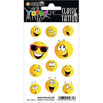 Herma 15631 Temporäre Tattoos Smiley, 11 Stück, Klebetattoos zum Aufkleben, Fake Tattoos Aufkleber mit Emoji Gesicht Motiv, Kindertattoos Sticker für Geburtstag Fasching Karneval Kinder Erwachsene Herma 15631 Temporäre Tattoos Smiley, 11 Stück, Klebetattoos zum Aufkleben, Fake Tattoos Aufkleber mit Emoji Gesicht Motiv, Kindertattoos Sticker für Geburtstag Fasching Karneval Kinder Erwachsene