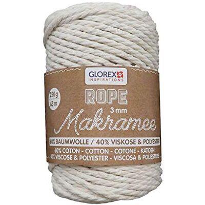 GLOREX 5 1007 01 Makramee Rope 3 mm, superweiches Textilgarn aus 60 % Baumwolle / 40 % Viskose, zum Häkeln, Stricken, Knüpfen und textilen Gestalten, 250 g, ca. 63 m, gedreht creme GLOREX 5 1007 01 Makramee Rope 3 mm, superweiches Textilgarn aus 60 % Baumwolle / 40 % Viskose, zum Häkeln, Stricken, Knüpfen und textilen Gestalten, 250 g, ca. 63 m, gedreht creme