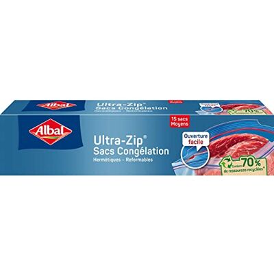 Albal 15 Gefrierbeutel mit Ultra Zip – mittelgroßes Modell 3 l – Reißverschluss – strapazierfähig – 70% recycelte Ressourcen Albal 15 Gefrierbeutel mit Ultra Zip – mittelgroßes Modell 3 l – Reißverschluss – strapazierfähig – 70% recycelte Ressourcen
