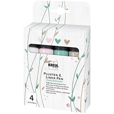KREUL 49831 Pluster & Liner Pen Chalky Moments, 4 x 29 ml in kreidigen Farbtönen, Plusterfarbe zum Dekorieren und Verzieren, 3D Dekoeffekte durch Aufplustern im Backofen, mit Bügeleisen oder Fön KREUL 49831 Pluster & Liner Pen Chalky Moments, 4 x 29 ml in kreidigen Farbtönen, Plusterfarbe zum Dekorieren und Verzieren, 3D Dekoeffekte durch Aufplustern im Backofen, mit Bügeleisen oder Fön