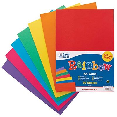 Baker Ross AV535 Regenbogenfarbener Karton (220 g/m²), A4, ideal für Kinder Kunst und Handwerk, Collagen, Modellbau und mehr, gemischt, 50 Stück Baker Ross AV535 Regenbogenfarbener Karton (220 g/m²), A4, ideal für Kinder Kunst und Handwerk, Collagen, Modellbau und mehr, gemischt, 50 Stück