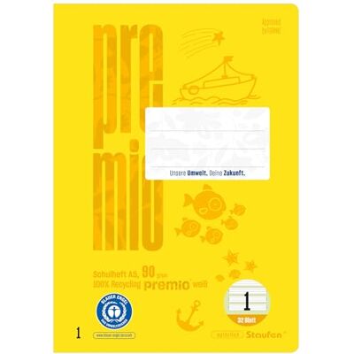 Staufen Premio Schulhefte 5 Hefte à 32 Blatt, DIN A5, liniert 5/5/5 mm Lineatur 1, 100% Recyclingpapier, zertifiziert mit dem Blauen Engel, abgerundete Ecken, 90 g/m² Papier Staufen Premio Schulhefte 5 Hefte à 32 Blatt, DIN A5, liniert 5/5/5 mm Lineatur 1, 100% Recyclingpapier, zertifiziert mit dem Blauen Engel, abgerundete Ecken, 90 g/m² Papier