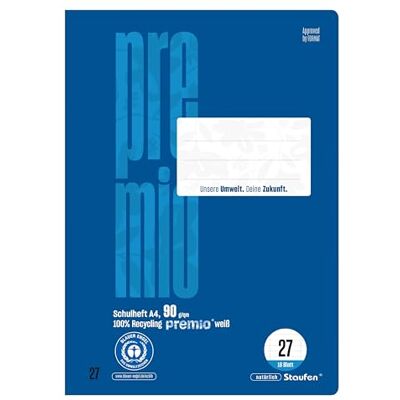 Staufen Premio Schulheft 4 Hefte à 16 Blatt, DIN A4, liniert mit Randlinien Lineatur 27, 100% Recyclingpapier, zertifiziert mit dem Blauen Engel, abgerundete Ecken, 90 g/m² Papier Staufen Premio Schulheft 4 Hefte à 16 Blatt, DIN A4, liniert mit Randlinien Lineatur 27, 100% Recyclingpapier, zertifiziert mit dem Blauen Engel, abgerundete Ecken, 90 g/m² Papier