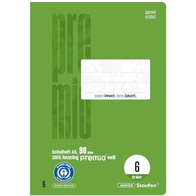Staufen Premio Schulhefte 5 Hefte à 32 Blatt, DIN A5, blanko Lineatur 6, 100% Recyclingpapier, zertifiziert mit dem Blauen Engel, abgerundete Ecken, 90 g/m² Papier Staufen Premio Schulhefte 5 Hefte à 32 Blatt, DIN A5, blanko Lineatur 6, 100% Recyclingpapier, zertifiziert mit dem Blauen Engel, abgerundete Ecken, 90 g/m² Papier