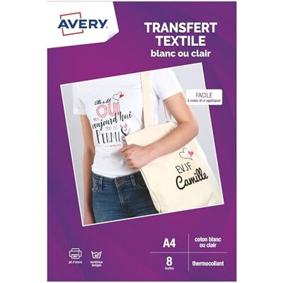 Avery Packung mit 8 weißen oder durchsichtigen Transferpapieren für T-Shirts oder Textilien, anpassbar und bedruckbar, A4-Format, Tintenstrahldruck Avery Packung mit 8 weißen oder durchsichtigen Transferpapieren für T-Shirts oder Textilien, anpassbar und bedruckbar, A4-Format, Tintenstrahldruck