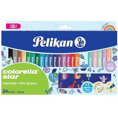 Pelikan Colorella Star Fasermaler, 24 Farben (18 kräftige + 6 Pastellfarben), feine Spitze 0,6 mm, auswaschbare Filzstifte auf Wasserbasis, inkl. Ausmalschablone Pelikan Colorella Star Fasermaler, 24 Farben (18 kräftige + 6 Pastellfarben), feine Spitze 0,6 mm, auswaschbare Filzstifte auf Wasserbasis, inkl. Ausmalschablone
