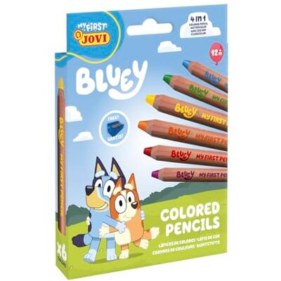 Jovi My First Buntstifte Bluey, 6 extra dicke Holzstifte für Kinder ab 12 Monaten, 4 in 1, inklusive Spitzer Jovi My First Buntstifte Bluey, 6 extra dicke Holzstifte für Kinder ab 12 Monaten, 4 in 1, inklusive Spitzer