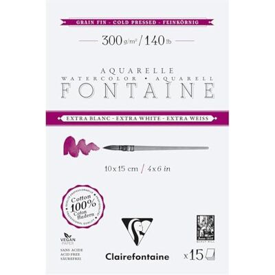 Clairefontaine 976037C Block Aquarellpapier Fontaine Extraweiß feinkörnig, 4-seitig geleimt, 15 Bogen 300g 10x15 cm, 1 Stück Clairefontaine 976037C Block Aquarellpapier Fontaine Extraweiß feinkörnig, 4-seitig geleimt, 15 Bogen 300g 10x15 cm, 1 Stück