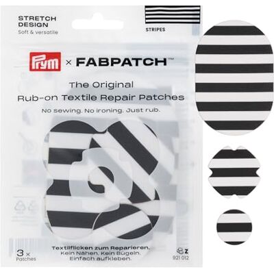 Prym 921012 FabPatch STRETCH Design Rub-on Patch (3 Stk.) – Selbstklebende, bi-elastische Reparaturflicken mit schwarzen Streifen für Sportbekleidung, Leggings, Jacken & Sneaker. Ohne Bügeln Prym 921012 FabPatch STRETCH Design Rub-on Patch (3 Stk.) – Selbstklebende, bi-elastische Reparaturflicken mit schwarzen Streifen für Sportbekleidung, Leggings, Jacken & Sneaker. Ohne Bügeln