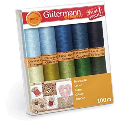 Gütermann Baumwoll-Nähfaden Set 10 x 100 m Sortiment Blau, Beige und Grün Gütermann Baumwoll-Nähfaden Set 10 x 100 m Sortiment Blau, Beige und Grün