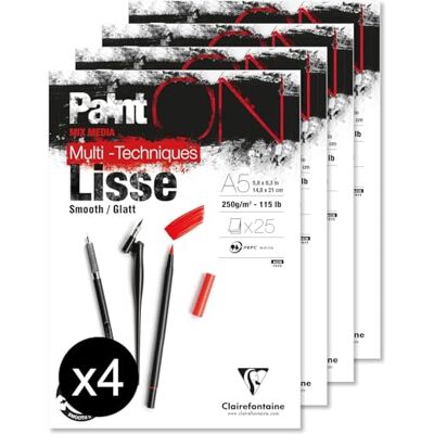Clairefontaine 975728C Packung mit 4 Blöcken Paint´ON Lisse/Glatt, DIN A5, kopfseitig geleimt, 25 Blatt, 250g, weiß, 4 Stück Clairefontaine 975728C Packung mit 4 Blöcken Paint´ON Lisse/Glatt, DIN A5, kopfseitig geleimt, 25 Blatt, 250g, weiß, 4 Stück