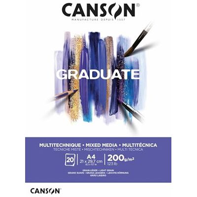 Canson Graduate, Mixed Media Papier, leichte Körnung, 200 g/m², an der kurzen Seite geleimter Block, DIN A4 21 x 29,7 cm, Hellweiß, 20 Blatt Canson Graduate, Mixed Media Papier, leichte Körnung, 200 g/m², an der kurzen Seite geleimter Block, DIN A4 21 x 29,7 cm, Hellweiß, 20 Blatt