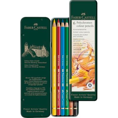 Faber-Castell Polychromos Buntstifte, 6 Farben im Metalletui Künstlerfarbstifte mit 3,8 mm Mine, lichtbeständigen Pigmenten und weichem, sattem Farbauftrag Faber-Castell Polychromos Buntstifte, 6 Farben im Metalletui Künstlerfarbstifte mit 3,8 mm Mine, lichtbeständigen Pigmenten und weichem, sattem Farbauftrag