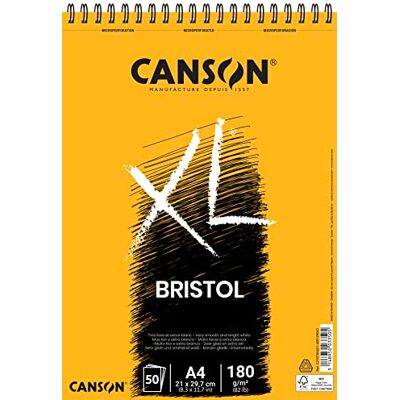 Canson XL, Bristol Papier, sehr glattes Papier, 180 g/m², an der kurzen Seite spiralgebundener Block, DIN A4 21 x 29,7 cm, Extraweiß, 50 Blatt Canson XL, Bristol Papier, sehr glattes Papier, 180 g/m², an der kurzen Seite spiralgebundener Block, DIN A4 21 x 29,7 cm, Extraweiß, 50 Blatt