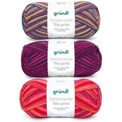 Gründl Wolle Sockenwolle Trio Strickgarn für 3 Paar Socken Strapazierfähig und hautfreundlich 75% Schurwolle, 25% Polyamid 3 Knäuel 100 g / 420 m Nadelstärke 2,5-3 rot violett grün Gründl Wolle Sockenwolle Trio Strickgarn für 3 Paar Socken Strapazierfähig und hautfreundlich 75% Schurwolle, 25% Polyamid 3 Knäuel 100 g / 420 m Nadelstärke 2,5-3 rot violett grün