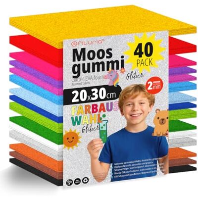 OFITURIA 40 Blatt Moosgummi Set, Bunte Farben, Format 20x30 cm – Ideal für Bastelprojekte, DIY, Schule, Kunst & Dekoration (Glitzer) OFITURIA 40 Blatt Moosgummi Set, Bunte Farben, Format 20x30 cm – Ideal für Bastelprojekte, DIY, Schule, Kunst & Dekoration (Glitzer)