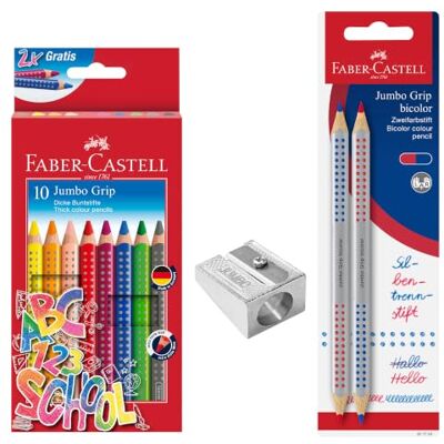 Faber-Castell Buntstifte Set Jumbo Grip Schulanfang, 13-teilig Schulset mit 10 Jumbo Farbstiften, 2 Bicolor Silbenstiften und einem Jumbo Spitzer für den Schulstart Faber-Castell Buntstifte Set Jumbo Grip Schulanfang, 13-teilig Schulset mit 10 Jumbo Farbstiften, 2 Bicolor Silbenstiften und einem Jumbo Spitzer für den Schulstart
